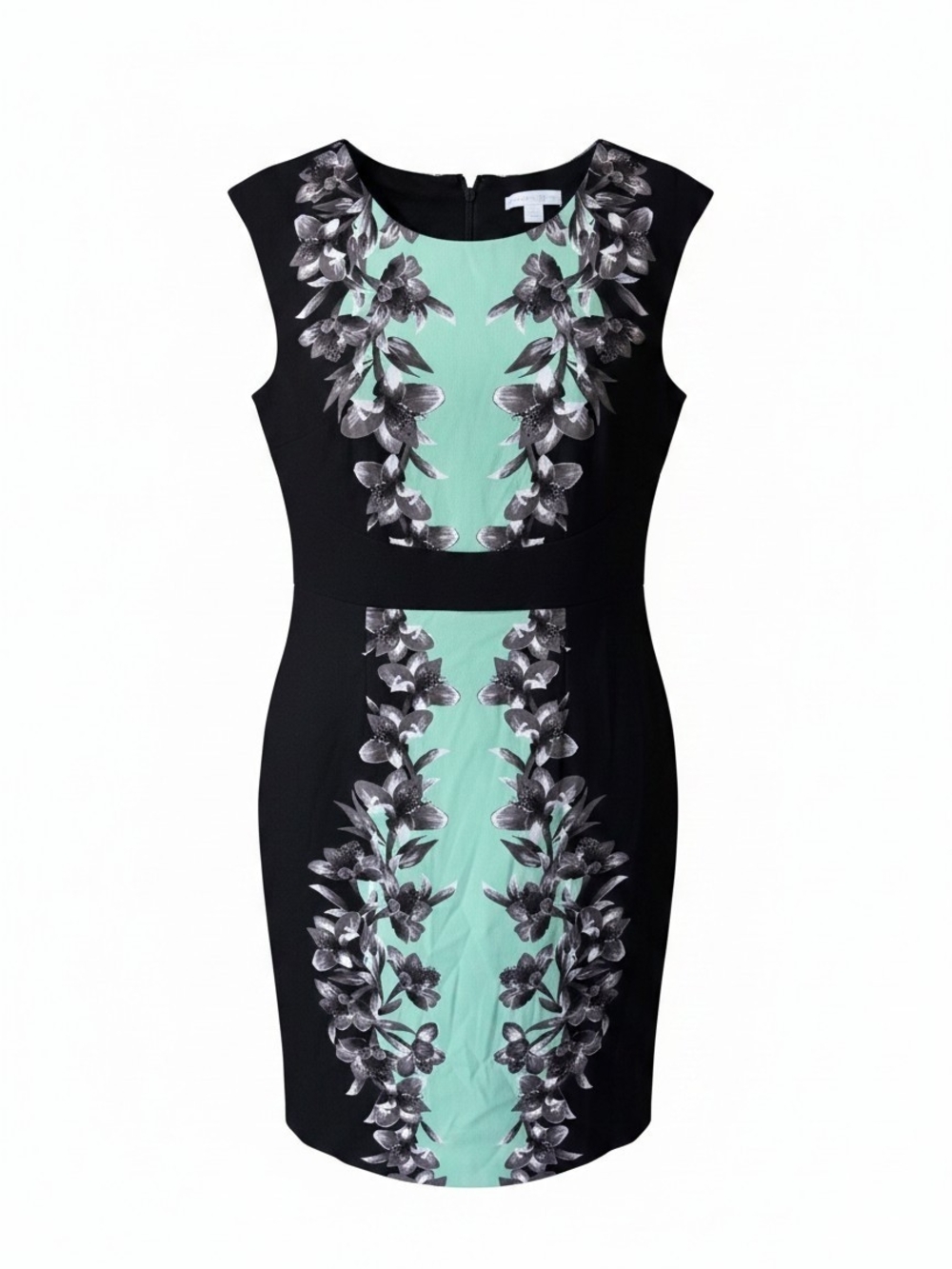 New York & Company Black and Mint Floral-Panel Midi Dress